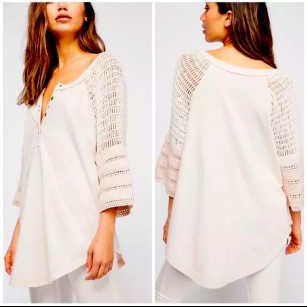 $108 Free People Tranquility Tee Pink / cream Large crochet boho distressed top